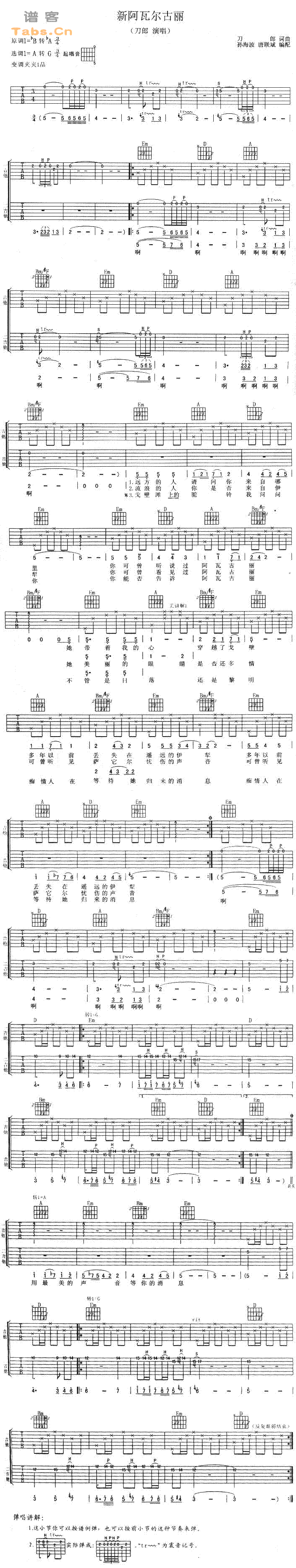新阿瓦古丽 原版吉他谱