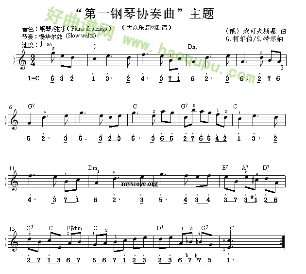 《第一钢琴协奏曲主题》（双谱式电子琴谱）电子琴简谱