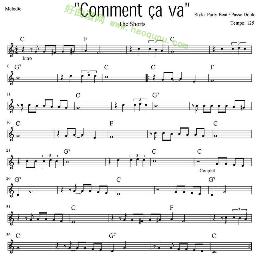 《Comment Cava》 电子琴简谱