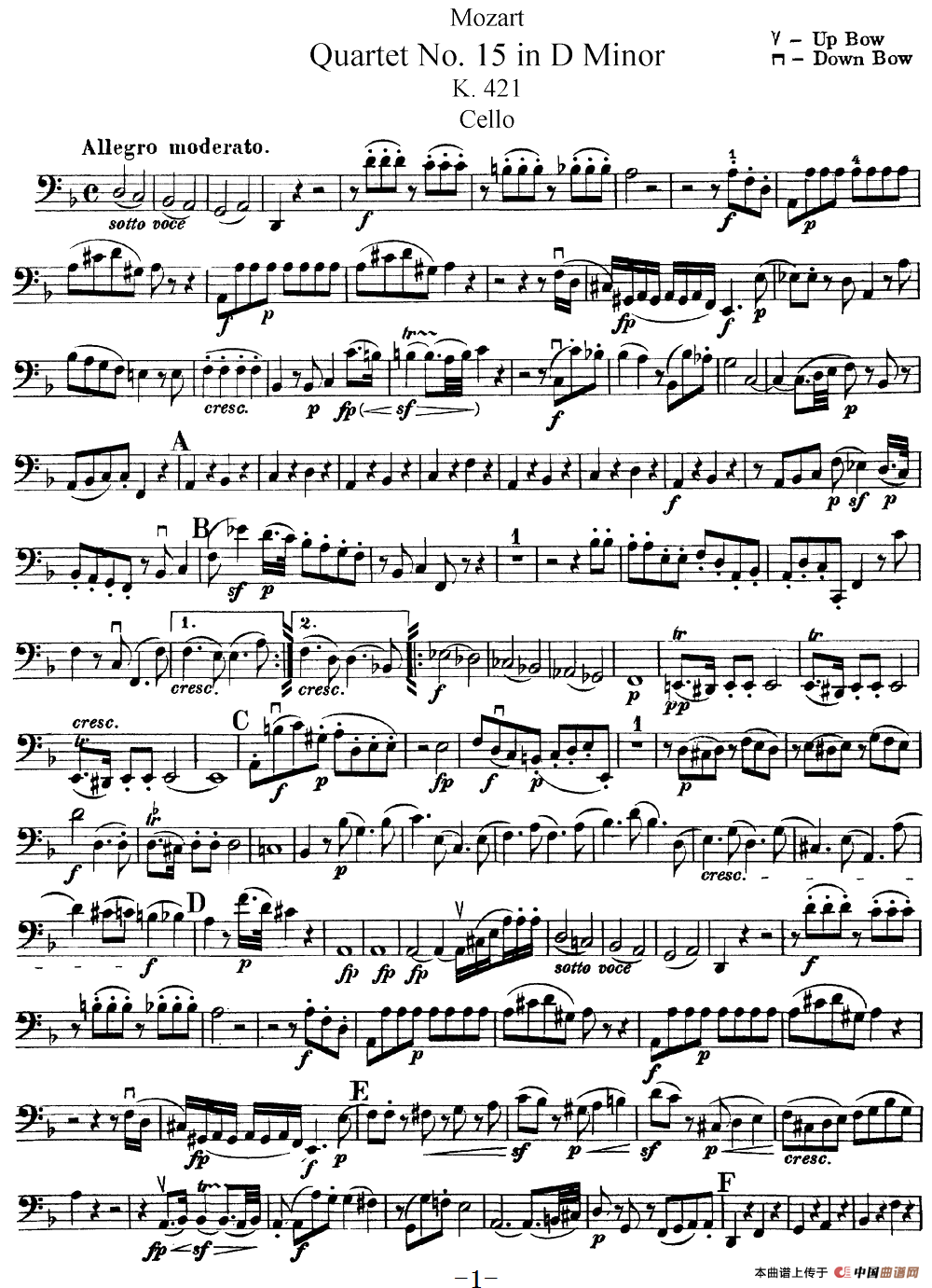 Mozart《Quartet No.15 in D Minor,K.421》（Cello分谱）