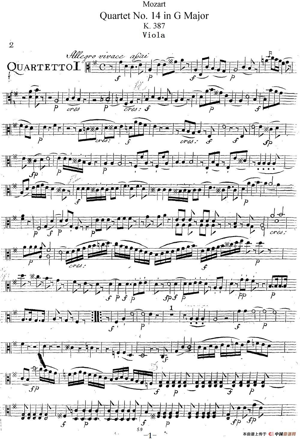 Mozart《Quartet No.14 in G Major,K.387》（Viola分谱）