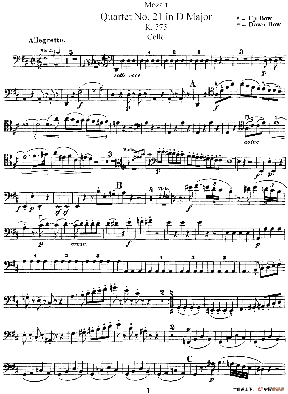 Mozart《Quartet No.21 in D Major,K.575》（Cello分谱）