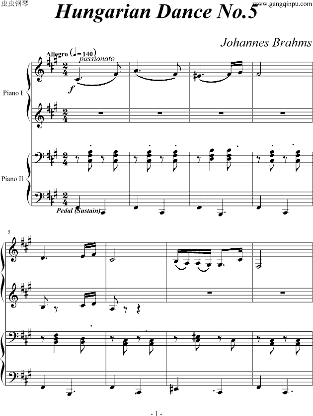 《匈牙利舞曲第5号》四手联弹钢琴谱