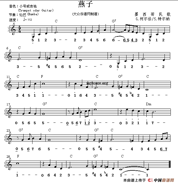 燕子（墨西哥民歌）电子琴谱