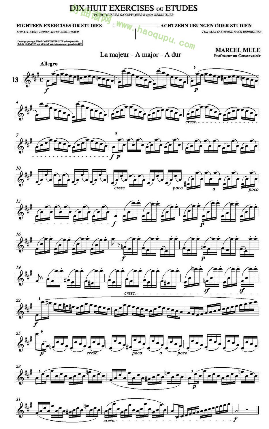 《马瑟·穆勒18首练习曲》（13） 萨克斯简谱
