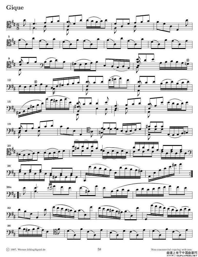 巴赫无伴奏大提琴练习曲之六小提琴谱
