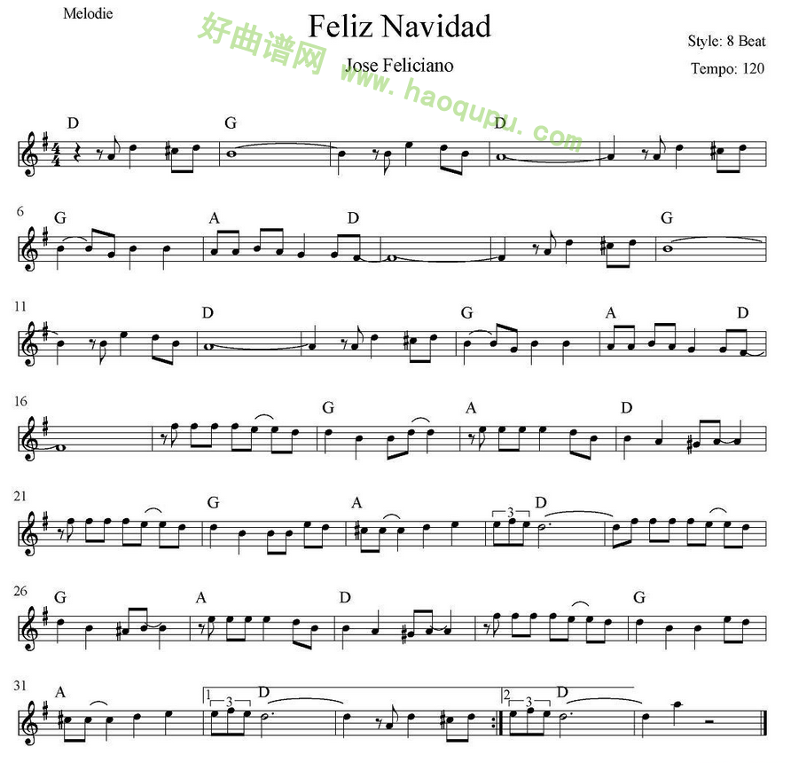 《Feliz Navidad》 电子琴简谱