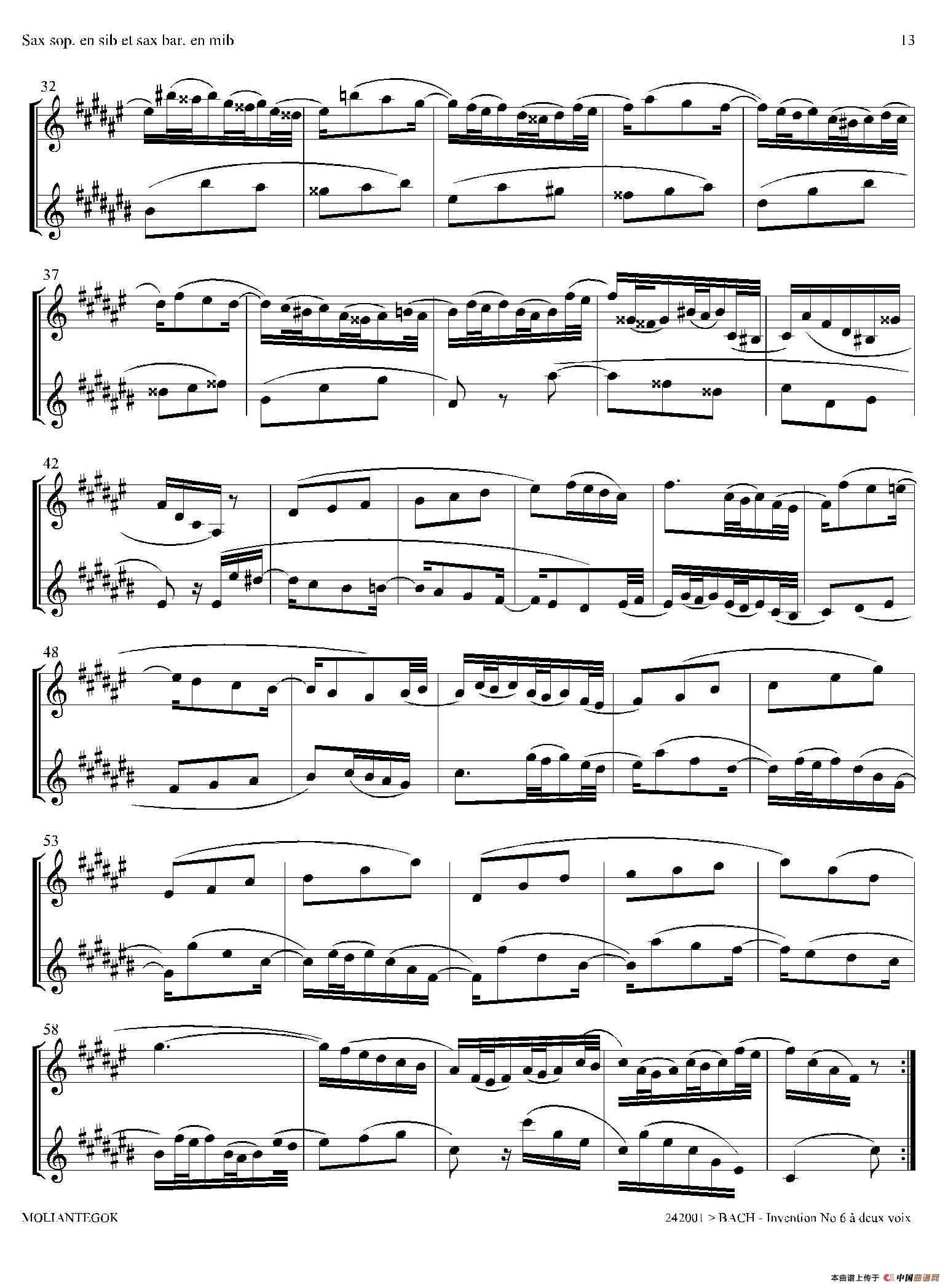 Inventions 巴赫15首创意曲（二重奏—6）萨克斯谱