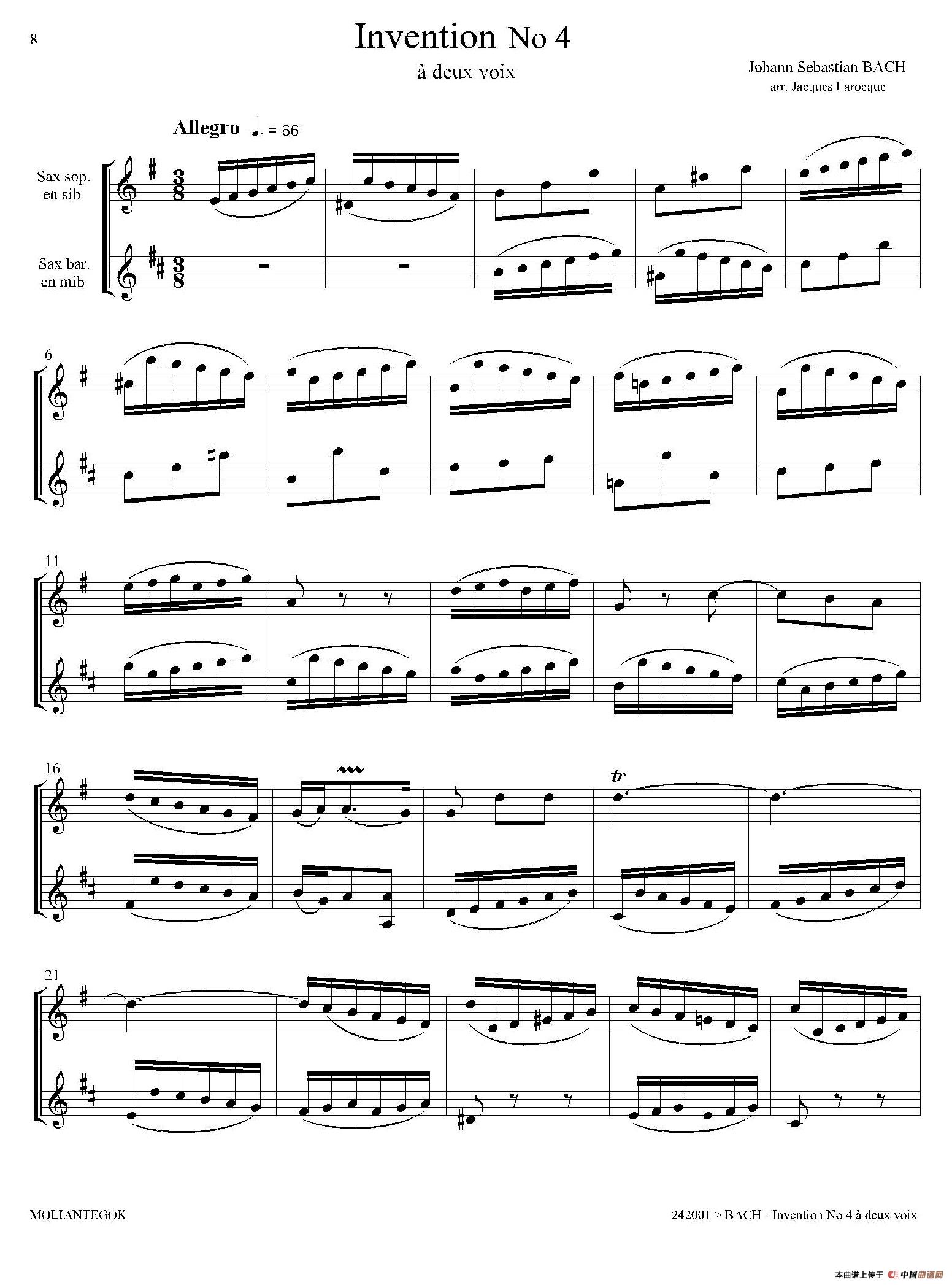 Inventions 巴赫15首创意曲（二重奏—4）萨克斯谱
