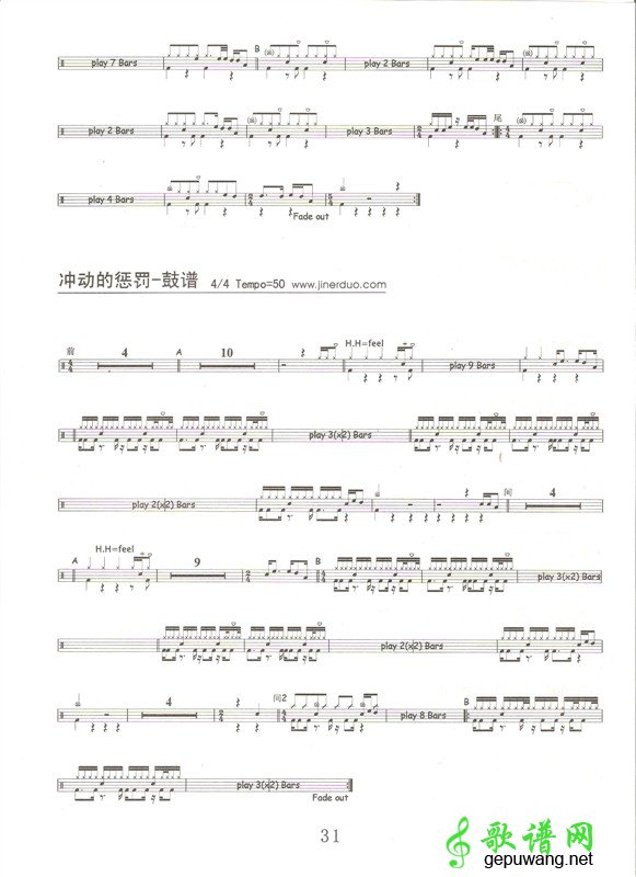 冲动的惩罚架子鼓谱＿冲动的惩罚爵士鼓谱