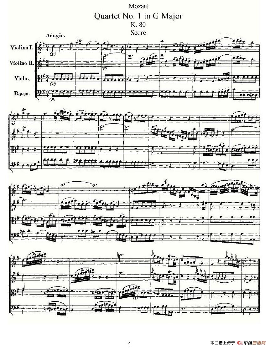 Quartet No. 1 in G Major小提琴谱