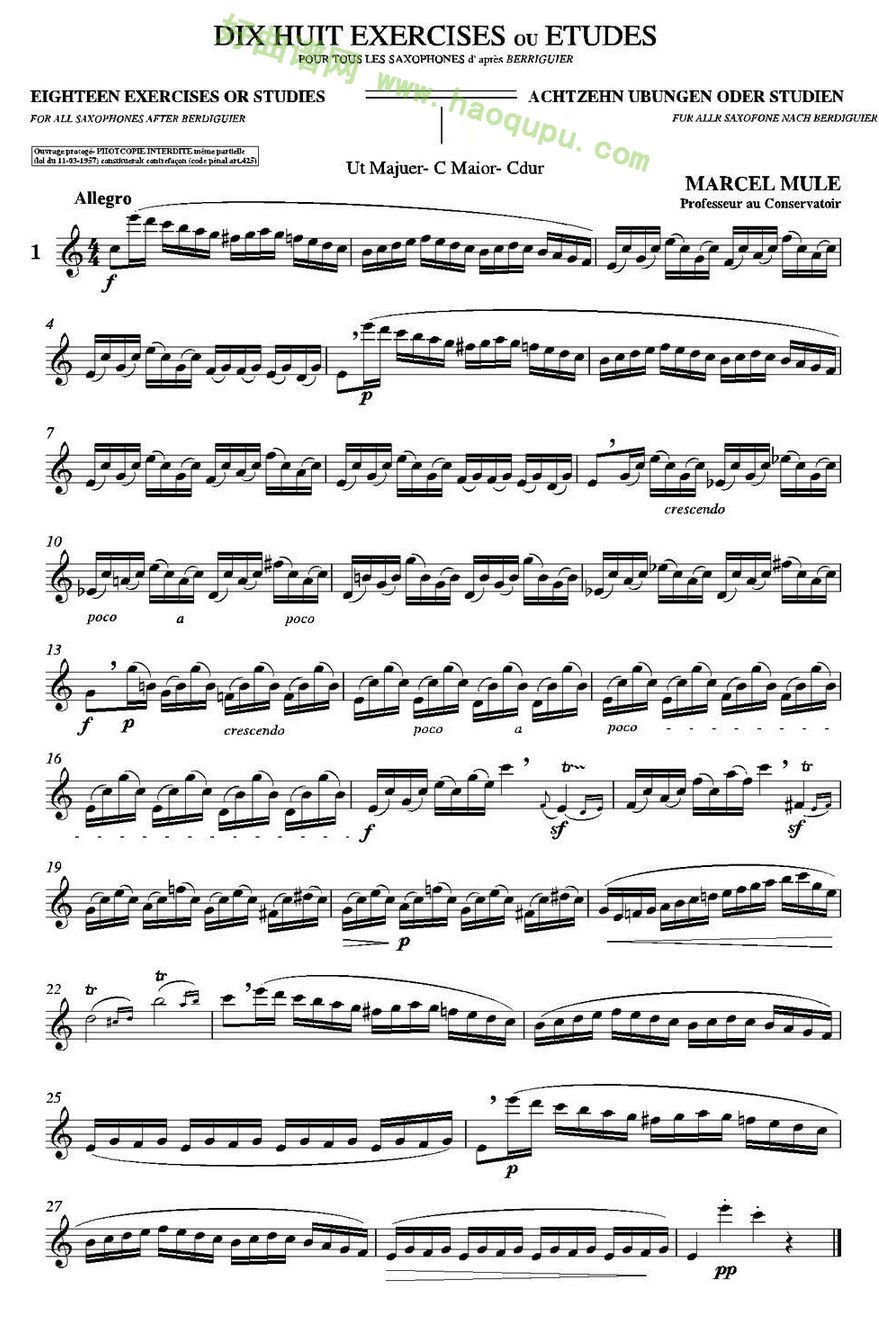 《马瑟·穆勒18首练习曲》（1）萨克斯简谱