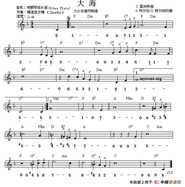 大海（线简谱混排版）电子琴谱