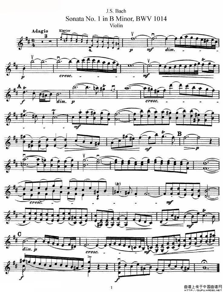 巴赫小提琴奏鸣曲No.1b小调（BWV 1014）小提琴谱