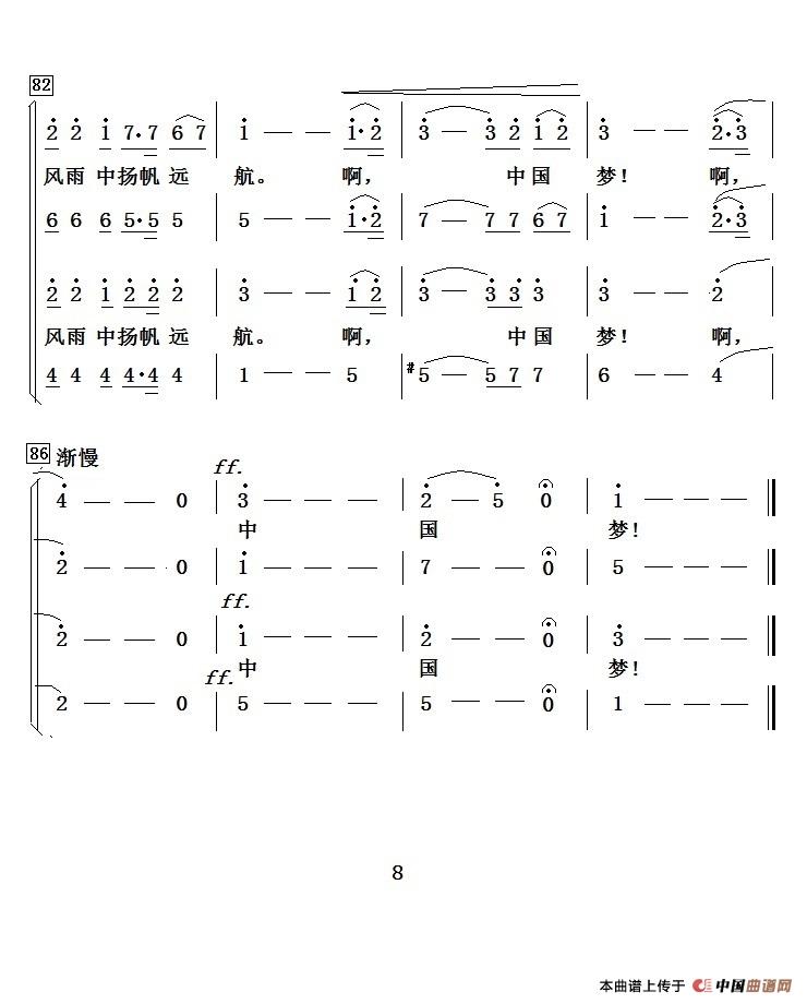 中国梦（杨永杰 刘正宽词 项道荣曲、独唱+伴唱）合唱谱