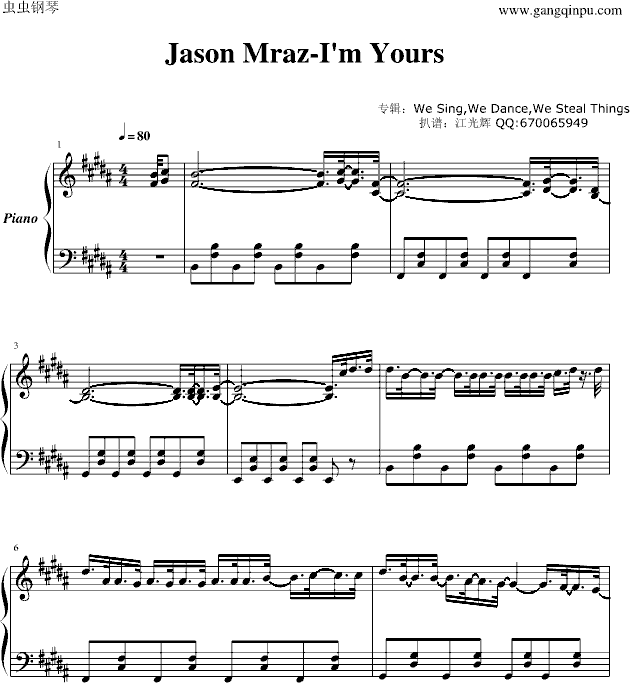 Jason Mraz-Im Yours钢琴谱