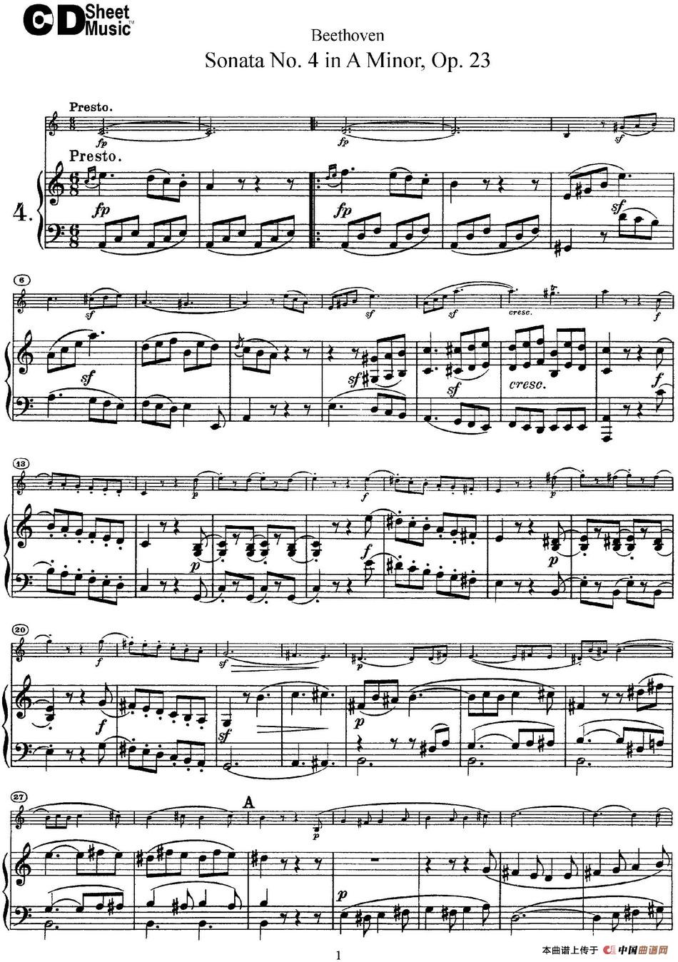 Violin Sonata No.4 in A Minor Op.23（小提琴+钢琴伴奏）