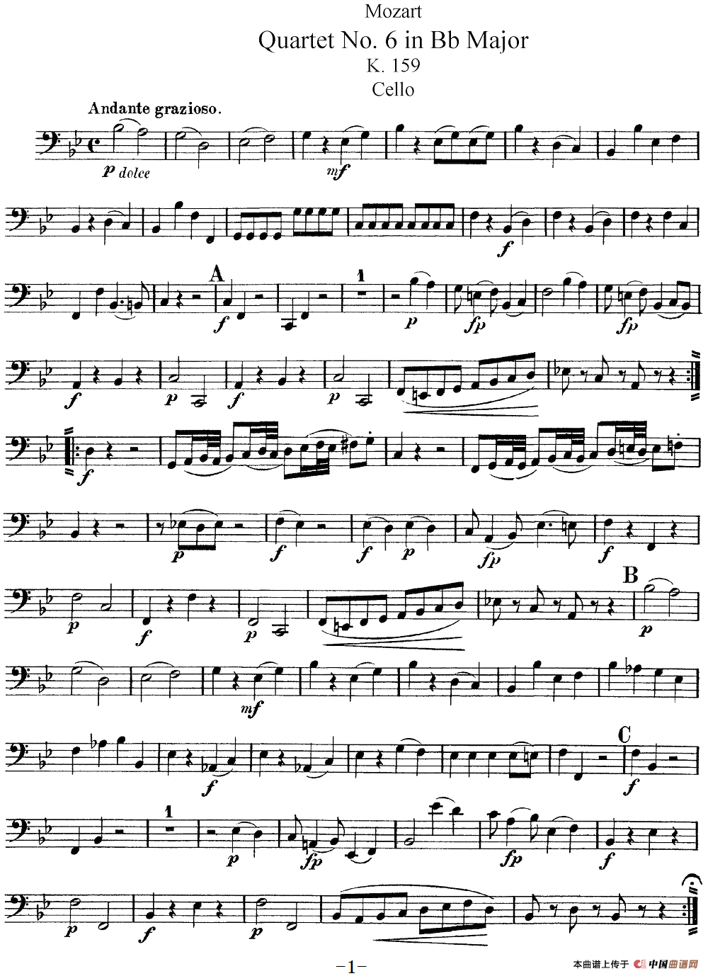 Mozart《Quartet No.6 in Bb Major,K.159》（Cello分谱）