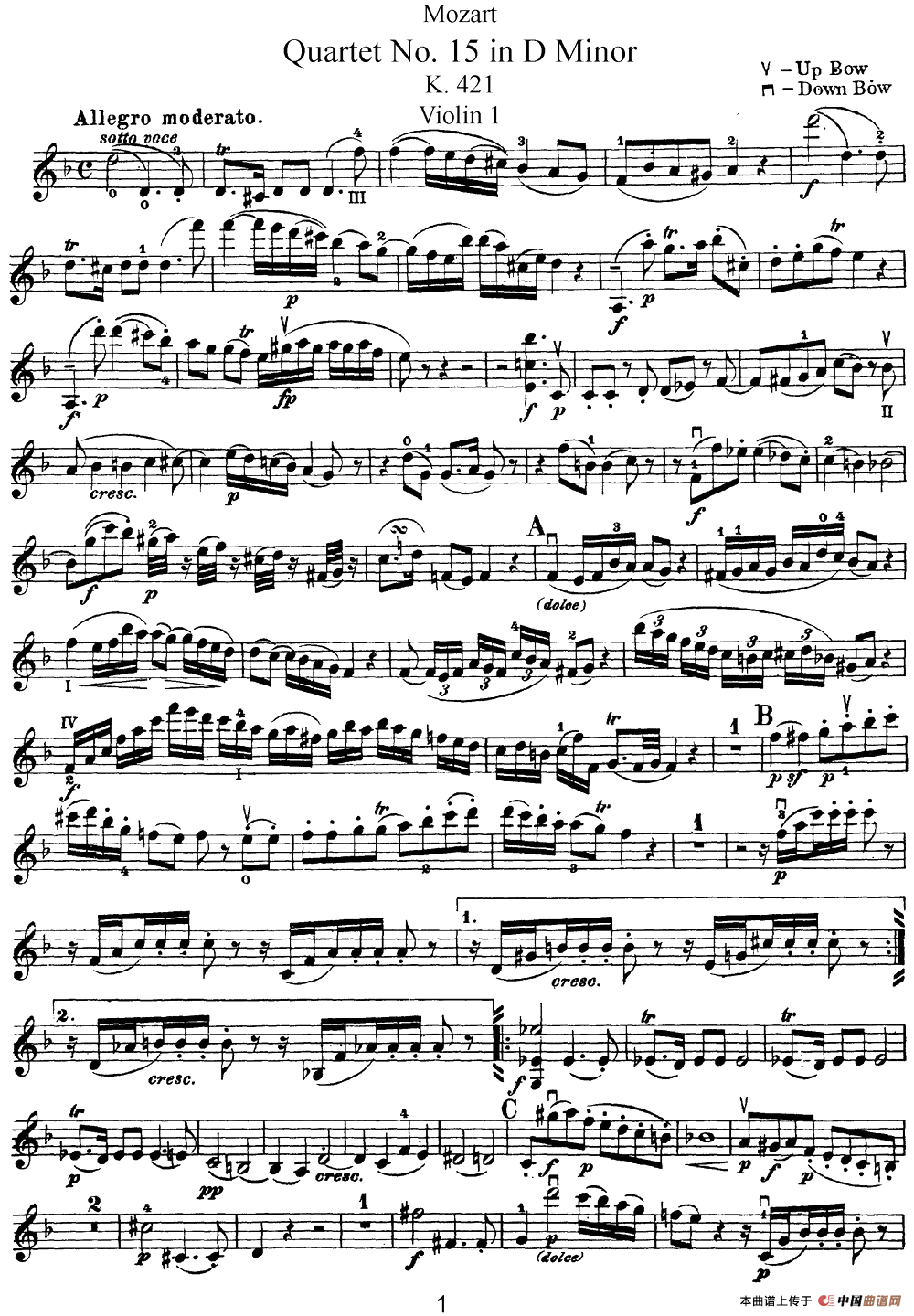Mozart《Quartet No.15 in D Minor,K.421》（Violin 1分谱）