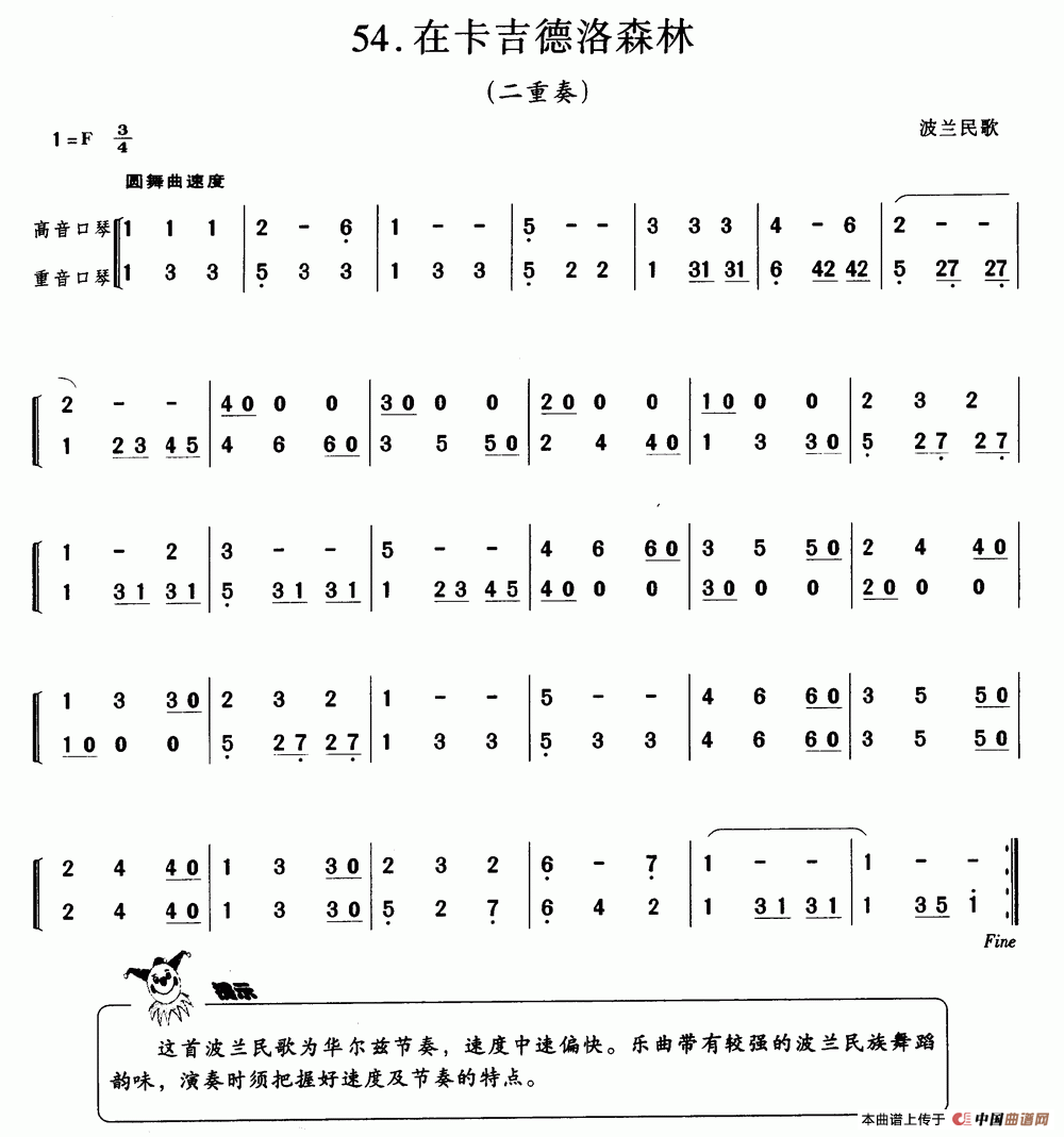 在卡吉德洛森林（波兰民歌、二重奏）口琴谱