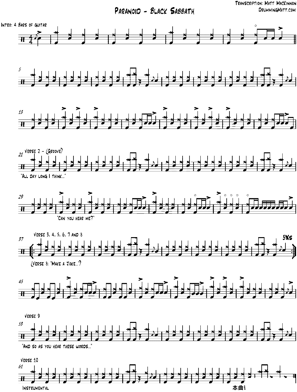 爵士鼓谱：BlackSabbath-Paranoid