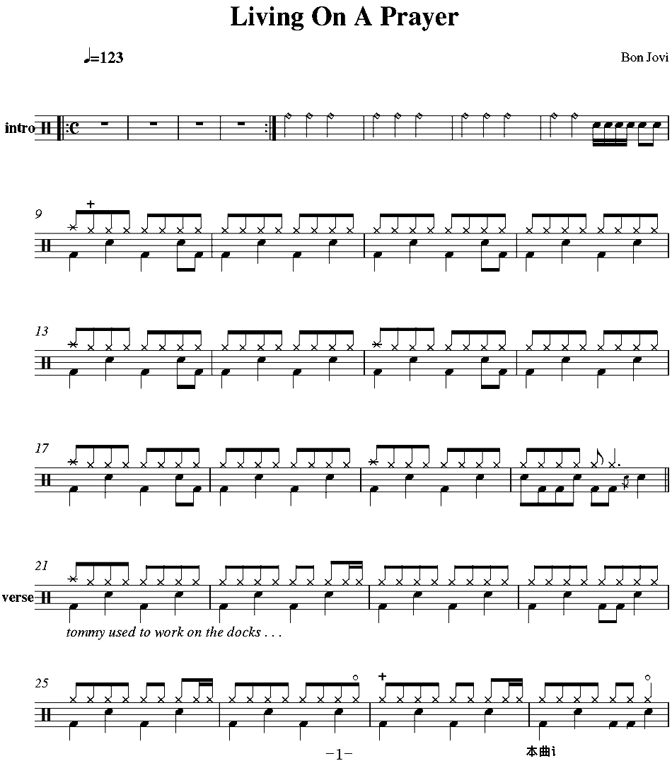 爵士鼓谱：BonJovi-Livingonaprayer