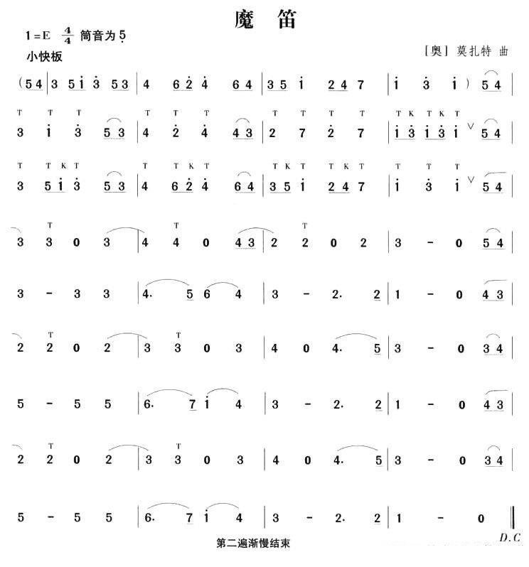 笛箫乐谱曲谱 魔笛（莫扎特曲）