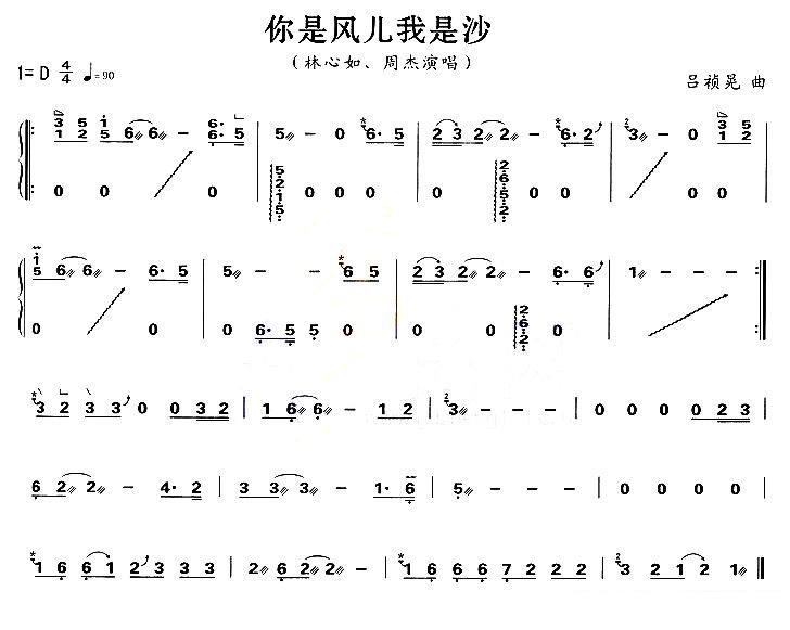 古筝古琴乐谱曲谱 林心如周杰演唱：你是风儿我是沙