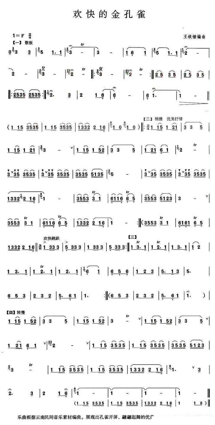 葫芦丝乐谱曲谱 欢快的金孔雀（王铁锤曲）
