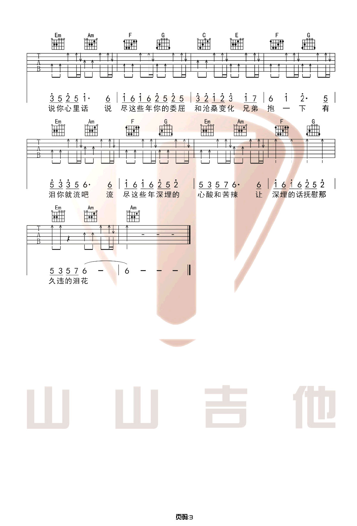 吉他谱乐谱 兄弟抱一下(C调和弦编配 弹唱谱)