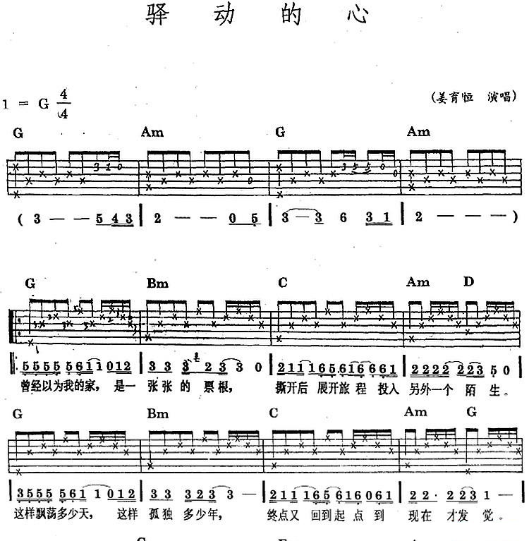 吉他谱乐谱 驿动的心(民族吉他弹唱)