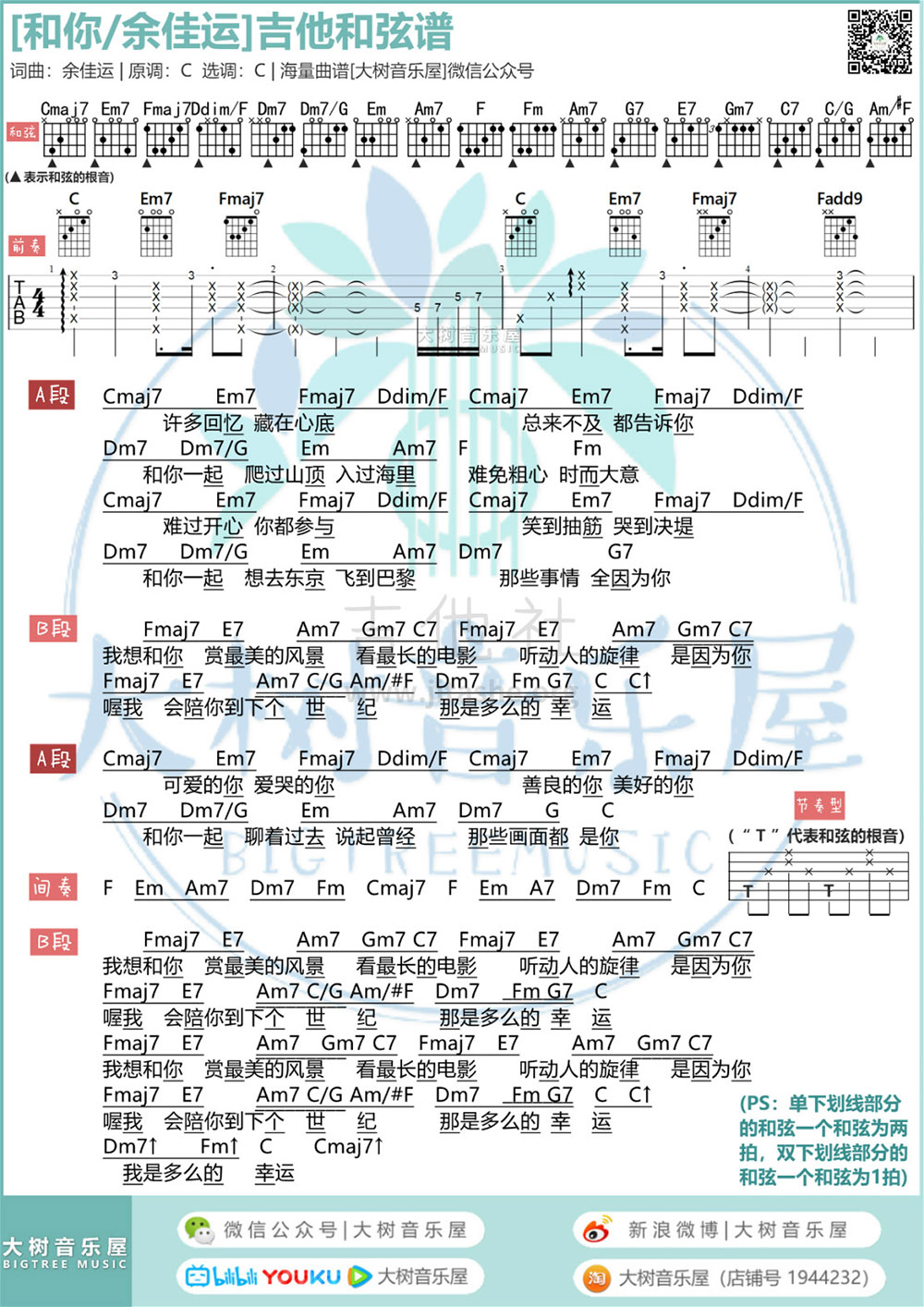 吉他谱乐谱 和你(余佳运演唱 大树音乐屋 吉他和弦谱)