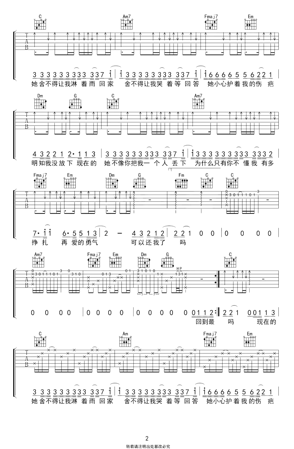 吉他谱乐谱 现在的她(原调E 变调夹第四品)