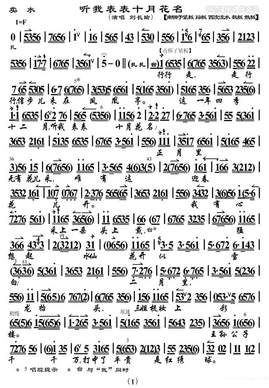 京剧戏曲谱 听我表表十月花名（《卖水》选段、琴谱）
